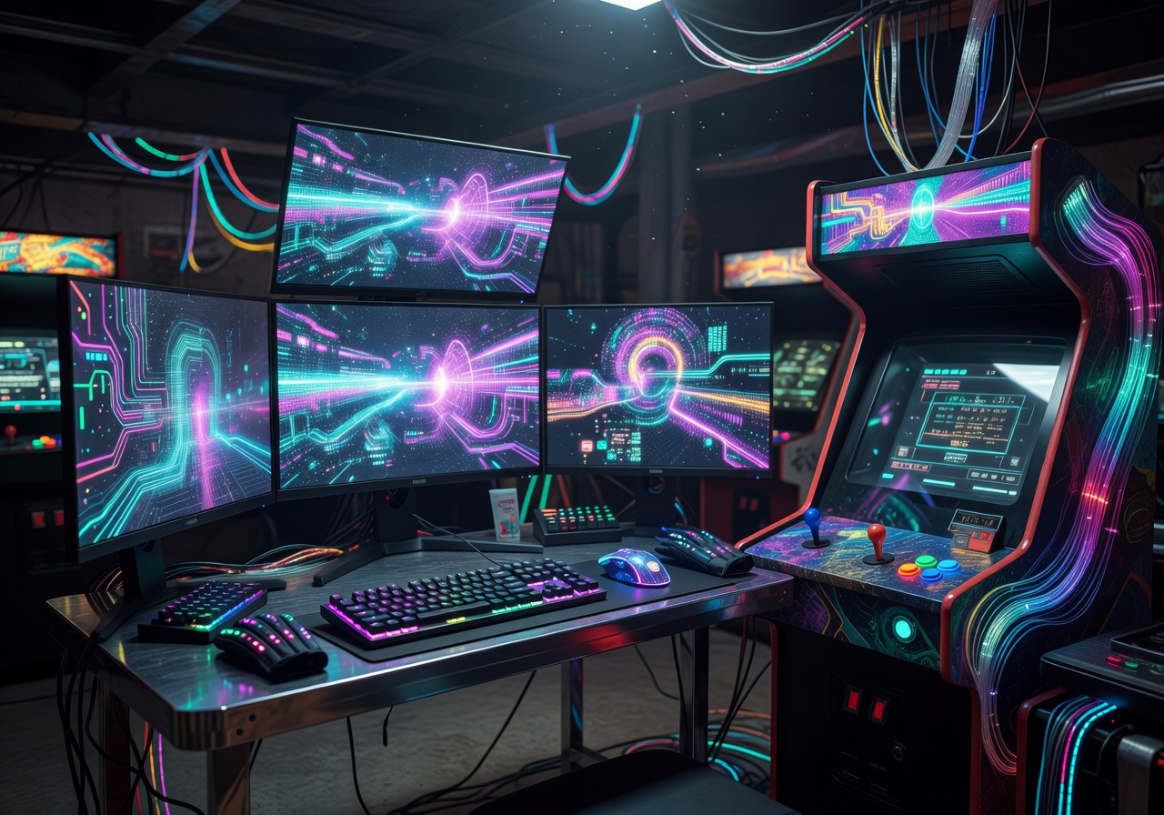 Cinematic Cyber Arcade Entertainment Setup